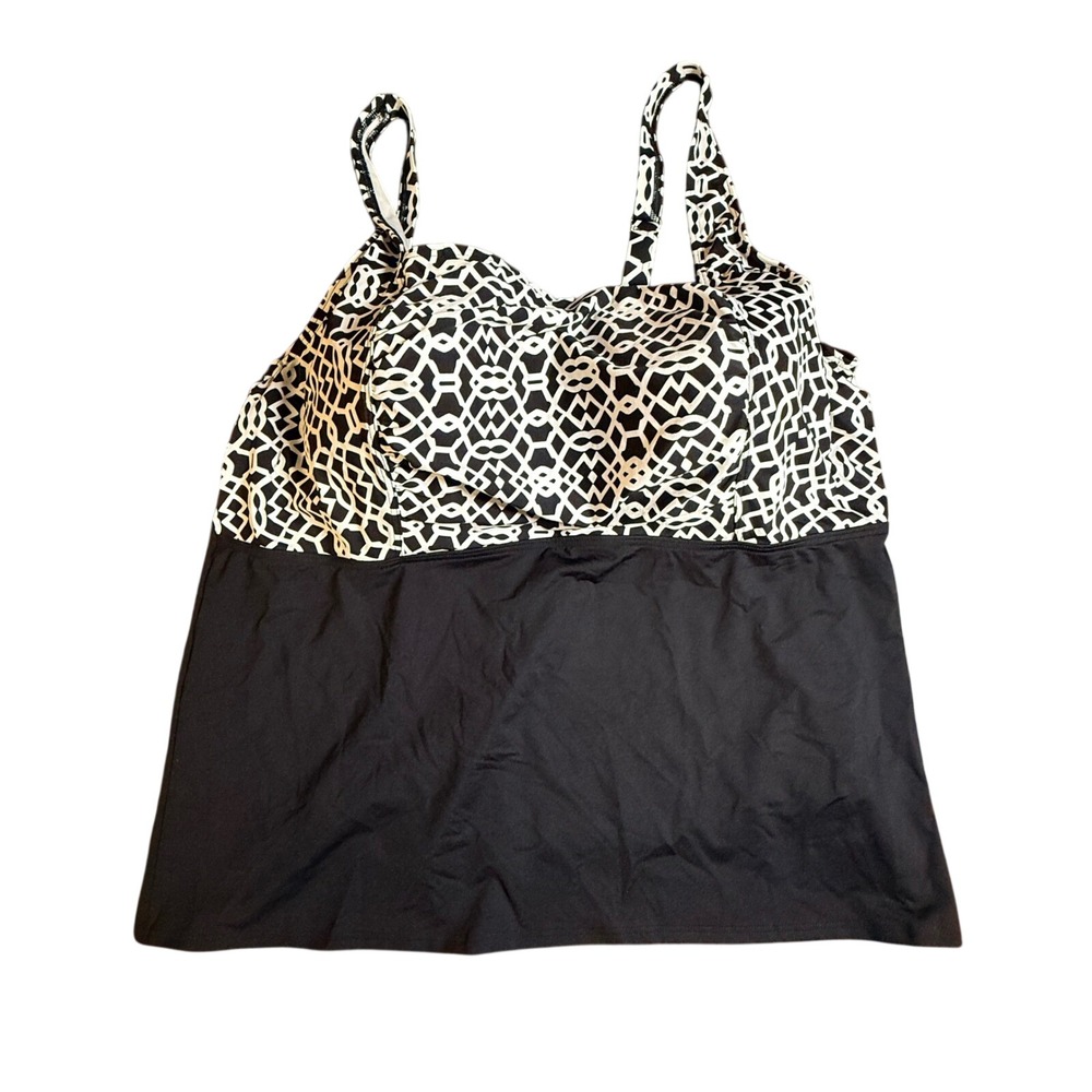 Lands End Womens 26W Tankini Swim Top Black White Geometric Underwire‎ 497808